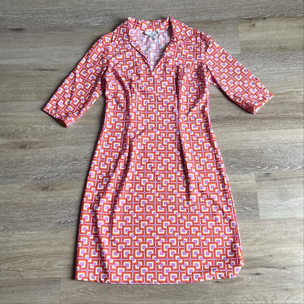 Jude Connally Geometric Print Dress Small Orange Collar V-Neck Knee Length Scuba - Picture 3 of 10